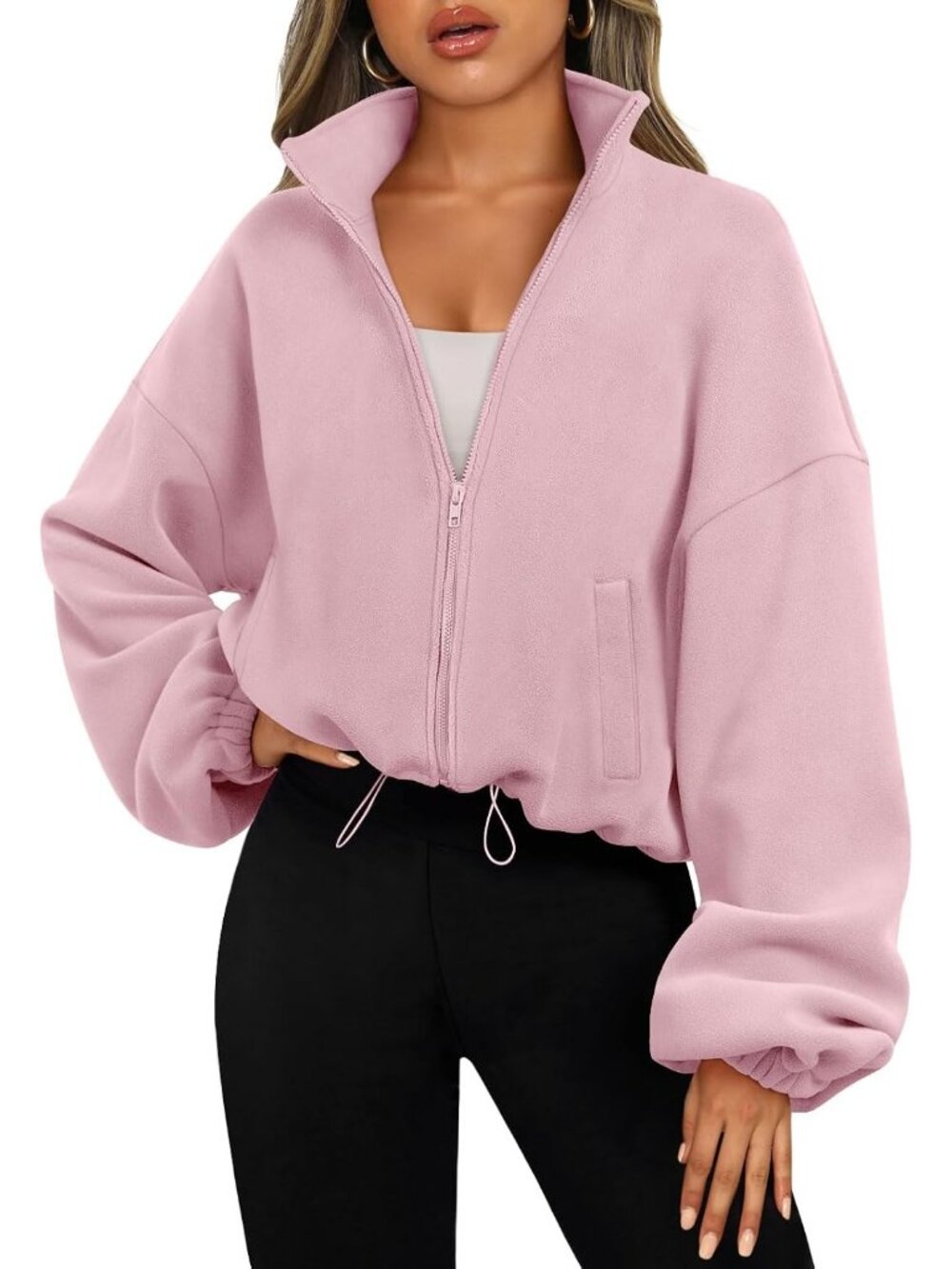 Women's Pink Long Sleeve ZIP Up Oversized Cropped Sweatshirt Fleece Jacket
